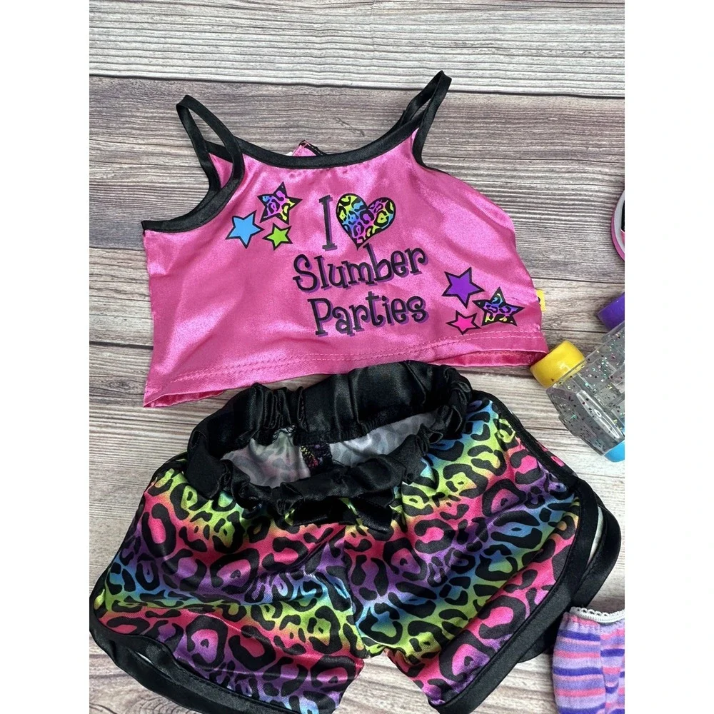 Build A Bear Pajamas PJs Cheetah Leopard Sleep Teddy Set Rainbow Shoes, Skates